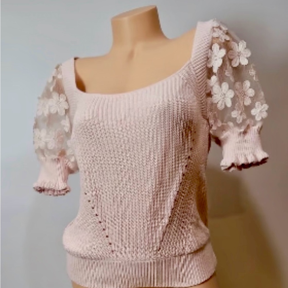 Light Pink Floral Puff Sleeve Scoop Neck Sweater